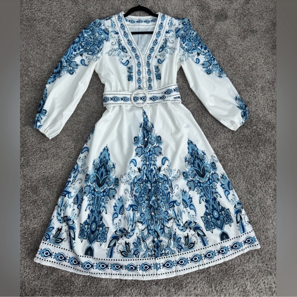 Blue & White Embroidered V-Neck Midi Dress with Belt